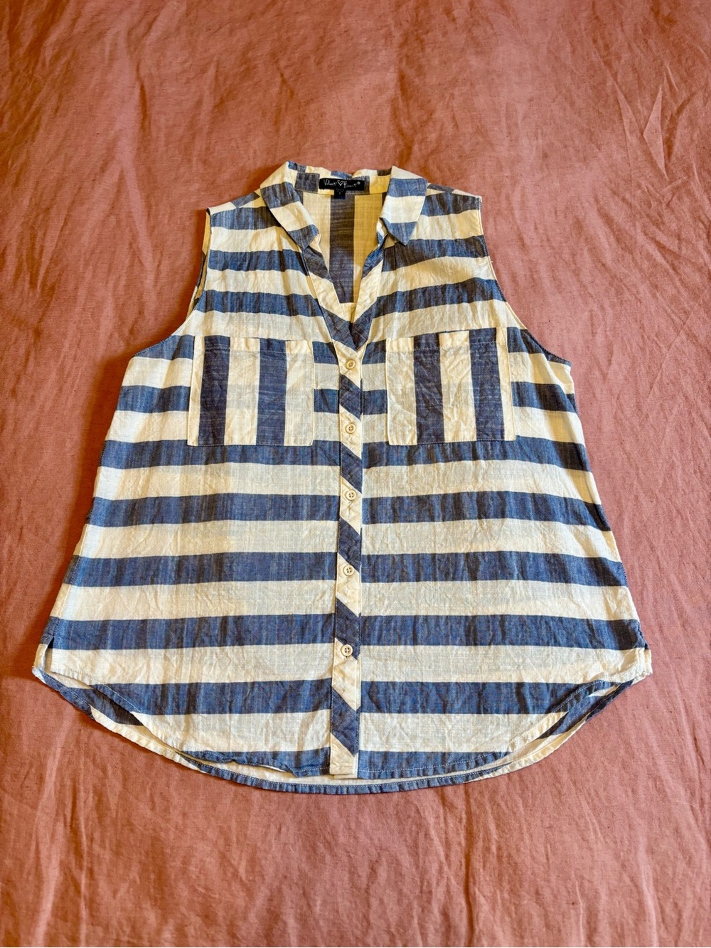 Velvet Heart Navy and White Striped Sleeveless Button Down